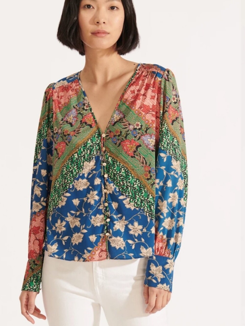 Veronica Beard Silk Patchwork Print Blue Green Floral Sura Blouse, Size 2